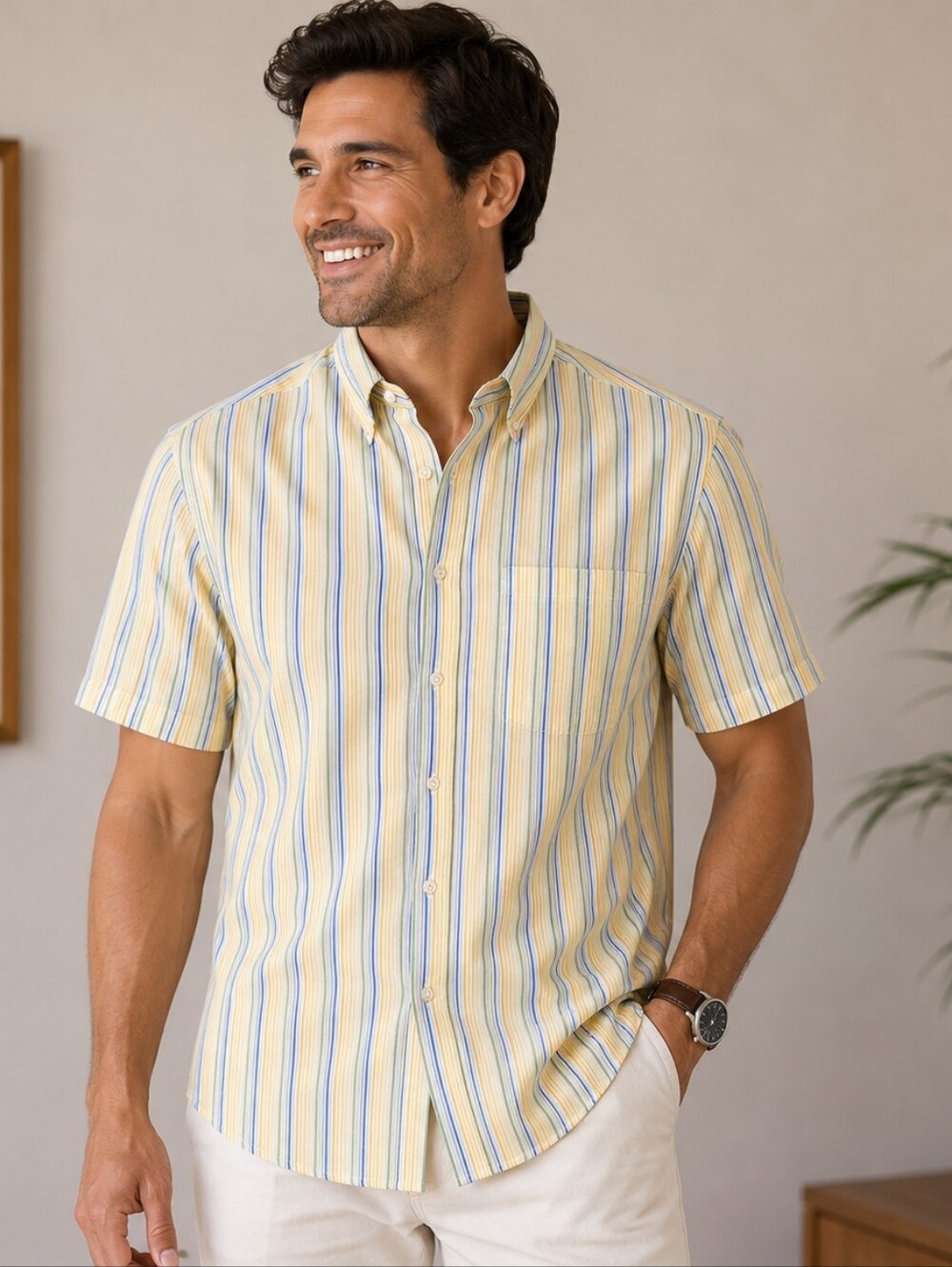 Roundtree & Yorke Yellow and Blue Striped Button-Down Shirt